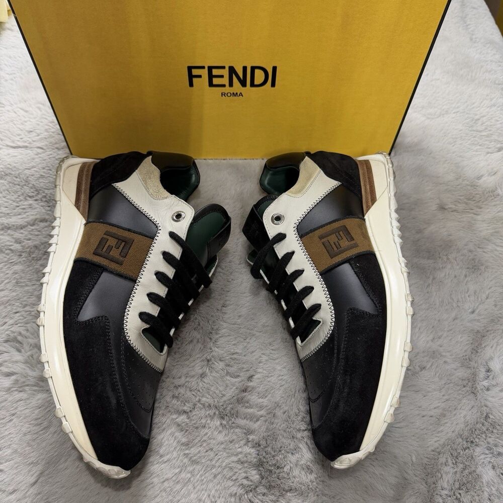 Fendi FF Logo Low Top Trainers Green Ivory Black  Men’s US Size 9.5